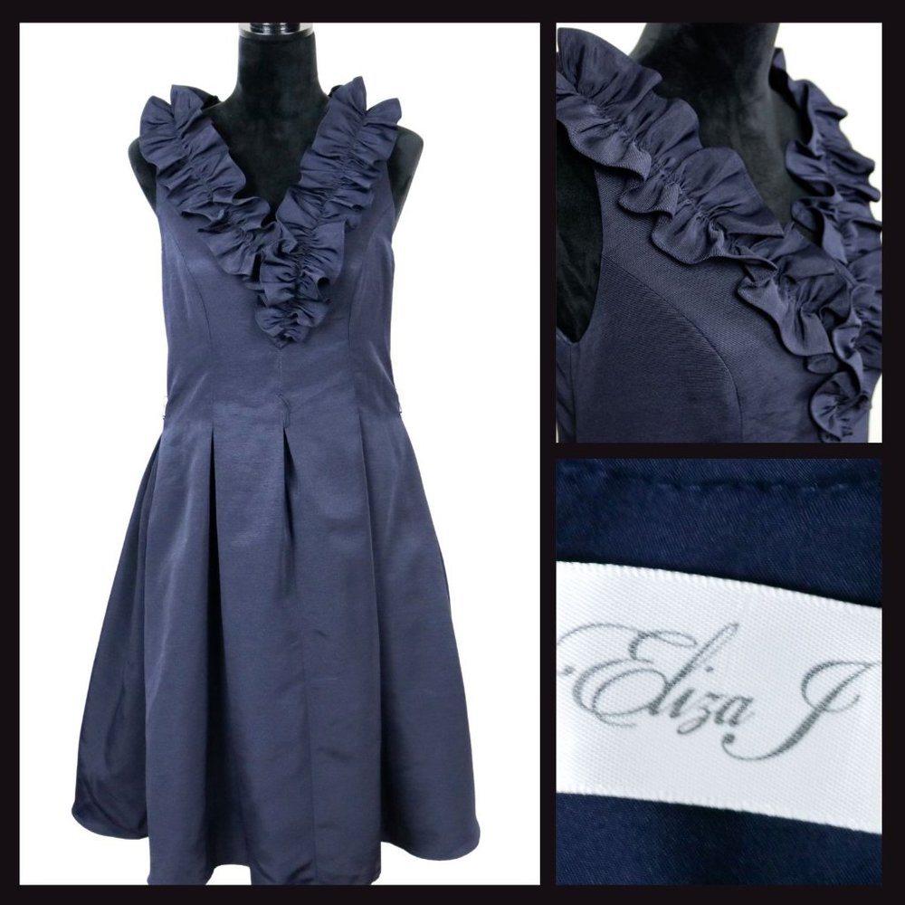 Nordstrom Eliza J Fit & Flare Sleeveless Navy Blue Dress w Ruffle Collar 10 Med